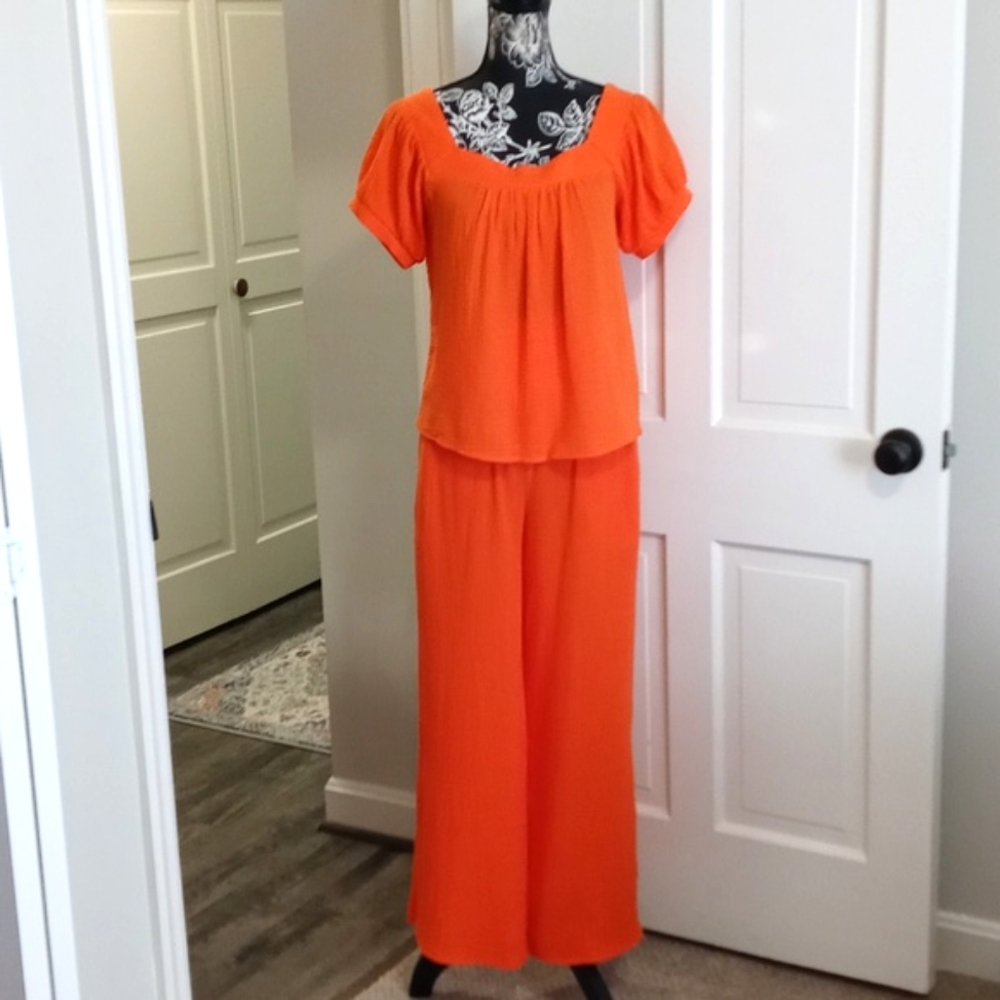 🆕️ 🧡Victoria Dunn Lounge🧡 - Tangerine Orange Cotton Gauze 2-Piece Pant Set
